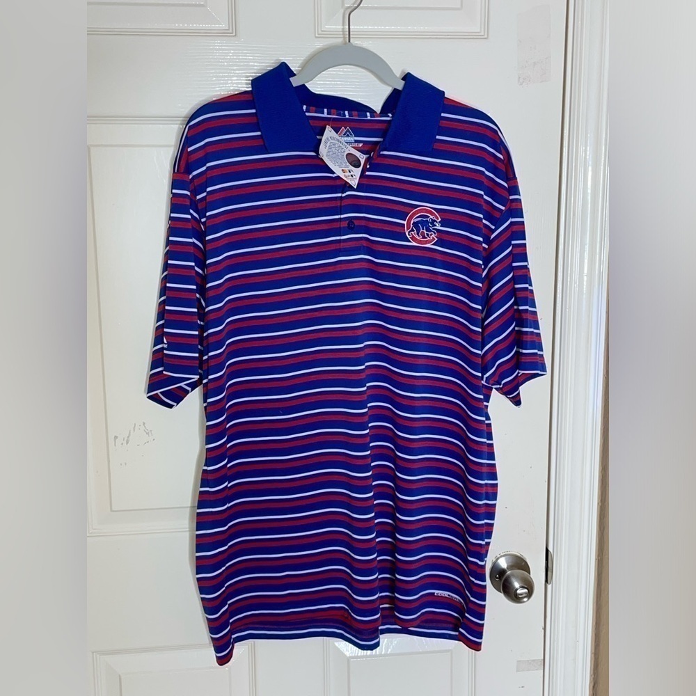 Chicago Cubs Polo Shirt Blue Striped Majestic MLB Men’s Size XL - Picture 8 of 9